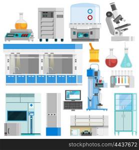 Science Flat Color Isolated Icons . Science flat color isolated icons set of tools for natural sciences research and highly technological laboratory equipment flat vector illustration