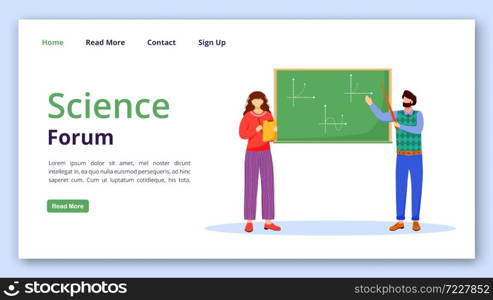 Science forum landing page vector template. Solving math problems website interface idea with flat illustrations. Modern learning technology homepage layout, web banner, webpage cartoon concept. Science forum landing page vector template