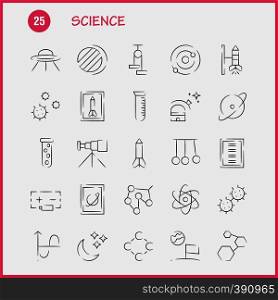 Science Hand Drawn Icon Pack For Designers And Developers. Icons Of Launch, Rocket, Space, Startup, Astronomy, Solar, System, Science, Vector