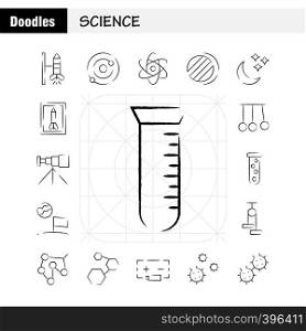 Science Hand Drawn Icon Pack For Designers And Developers. Icons Of Launch, Rocket, Space, Startup, Astronomy, Solar, System, Science, Vector