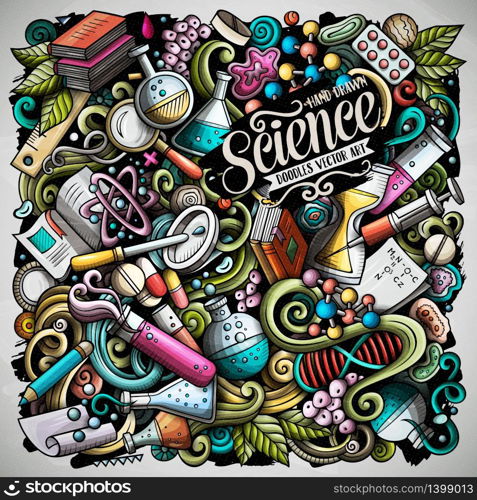 Science hand drawn vector doodles illustration. Poster design. Many elements and objects cartoon background. Bright colors funny picture. All items are separated. Science hand drawn vector doodles illustration. Poster design.