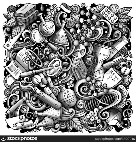 Science hand drawn vector doodles illustration. Poster design. Many elements and objects cartoon background. Monochrome funny picture. All items are separated. Science hand drawn vector doodles illustration. Poster design.