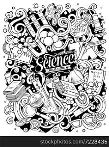 Science hand drawn vector doodles illustration. Poster design. Many elements and objects cartoon background. Sketchy funny picture. All items are separated. Science hand drawn vector doodles illustration. Poster design.