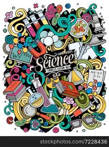 Science hand drawn vector doodles illustration. Poster design. Many elements and objects cartoon background. Bright colors funny picture. All items are separated. Science hand drawn vector doodles illustration. Poster design.