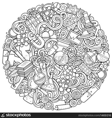 Science hand drawn vector doodles illustration. Round design. Many elements and objects cartoon background. Sketchy funny picture. All items are separated. Science hand drawn vector doodles illustration. Poster design.