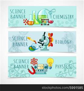 Science horizontal banner set with chemistry biology and physics elements cartoon isolated vector illustration. Science Banner Set