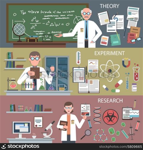 Science horizontal banner set with theory experiment research elements isolated vector illustration. Science Banner Set