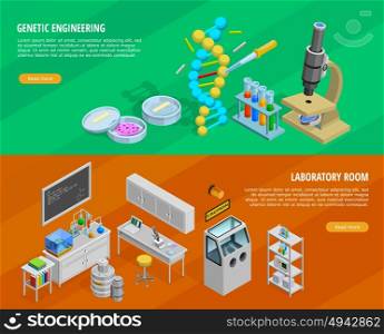 Science Horizontal Banners Set. Science horizontal isometric banners set with genetic engineering symbols isolated vector illustration