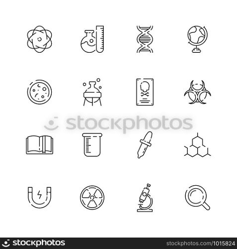 Science icon. Chemical laboratory equipment chemicals structure scientific lab vector thin symbols. Illustration of equipment for experiment, magnet and instrument illustration. Science icon. Chemical laboratory equipment chemicals structure scientific lab vector thin symbols