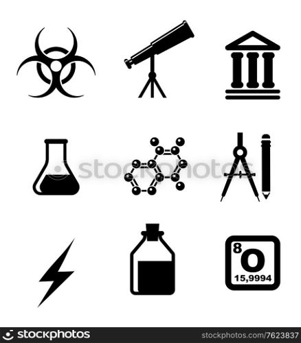 Science icons and symbols set isolated on white background