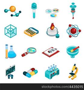 Science Icons Set. Science isometric icons set with chemistry and pharmaceutics symbols isolated vector illustration