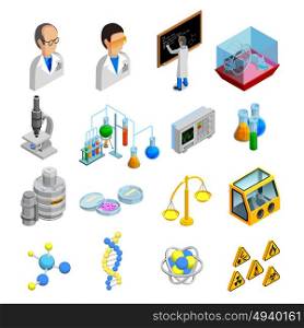 Science Icons Set . Science isometric icons set with experiment symbols on blue background isolated vector illustration