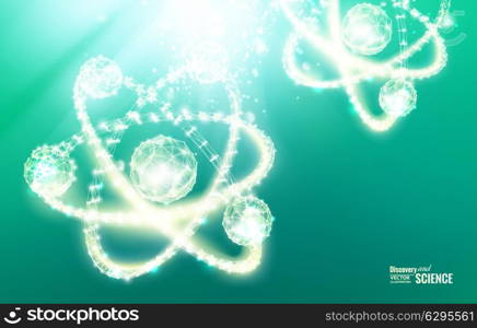 Science illustration of atom with lines and triangles in polygon design. Vector illustration.