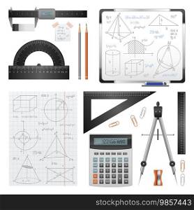 Science images set of mathematical and trigonometric stationery special instruments and solving records isolated vector illustration. Mathematic Science Images Set 