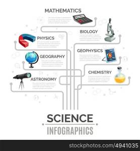Science Infographic Template. Science infographic template in shape of tree with different scientific instruments and icons isolated vector illustration