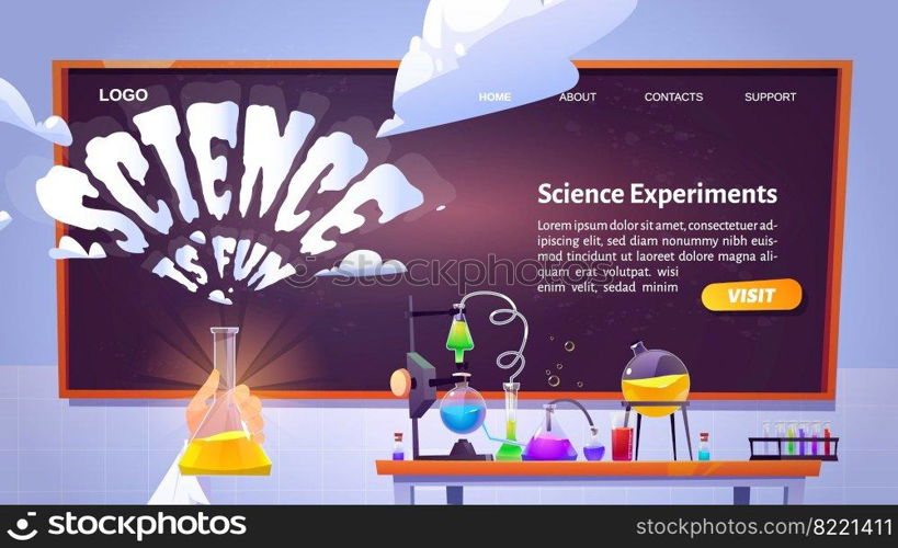 Science is fun cartoon landing page with hand holding glass flask in chemical laboratory with equipment and blackboard on wall. Scientific experiments, research with tubes, beakers, Vector web banner. Science is fun cartoon landing page, chemical lab