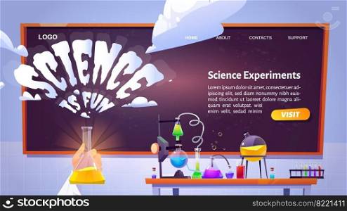 Science is fun cartoon landing page with hand holding glass flask in chemical laboratory with equipment and blackboard on wall. Scientific experiments, research with tubes, beakers, Vector web banner. Science is fun cartoon landing page, chemical lab