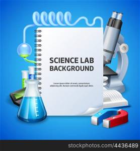 Science Lab Background. Science lab poster with notepad and laboratory equipment on blue background realistic vector illustration