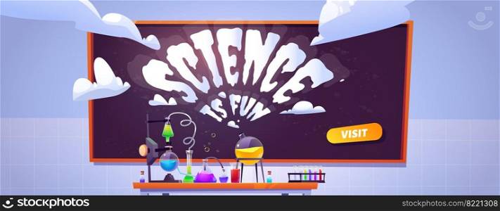 Science lab banner for study and chemistry experiments for kids. Vector landing page of education presentation of scientific research. Cartoon illustration of chemical laboratory with flasks and tubes. Science lab banner for study and experiments