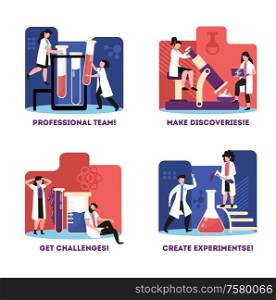 Science lab concept 4 flat colorful compositions with professional team challenges experiments discoveries symbols isolated vector illustration