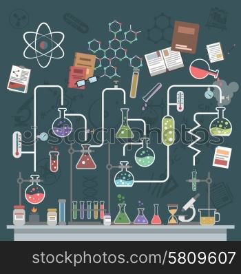 Science lab concept with flat flasks and physics symbols vector illustration. Science Concept Flat