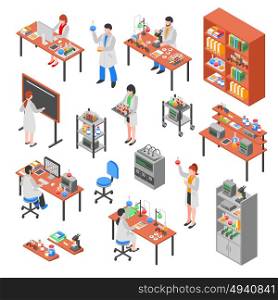 Science Lab Elements Set. Isolated scientists laboratory isometric elements set with colorful equipment worker characters laboratory benches workplaces and furniture vector illustration