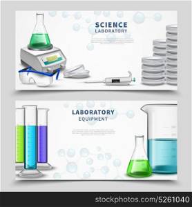 Science Lab Equipment Banners. Two horizontal banners set with science laboratory equipment symbols colorful test tubes and vessels flat vector illustration