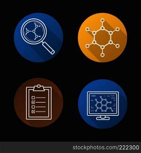 Science lab flat linear long shadow icons set. Molecule, laboratory computer, molecular structure analysis, tests checklist. Vector line illustration. Science lab flat linear long shadow icons set