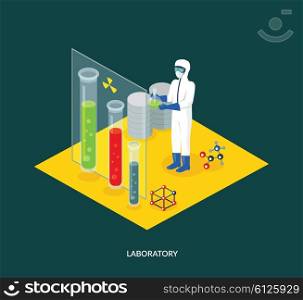 Science lab isomatric design flat. 3D Science and scientist, science laboratory, lab chemistry, research scientific, microscope and experiment, chemical lab science test, technology illustration