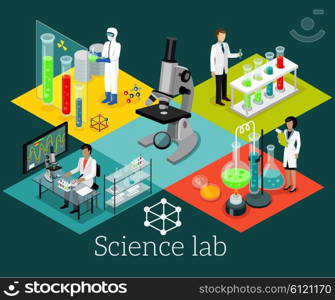 Science lab isomatric design flat. Science and scientist, science laboratory, lab chemistry, research scientific, microscope and experiment, chemical lab science test, technology illustration