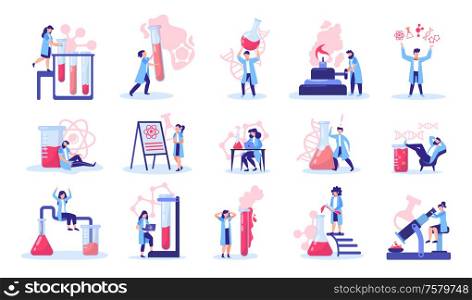 Science lab research discovery innovation flat icons big set with atom microscope retort dna isolated vector illustration