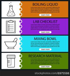 Science laboratory banner templates set. Mortar and pestle, medical tests jar, boiling liquid, lab checklist. Website menu items with linear icons. Color web banner. Vector headers design concepts. Science laboratory banner templates set