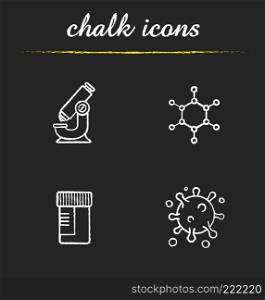 Science laboratory chalk icons set. Microscope, molecule structure and virus, medical lab tests jar. Isolated vector chalkboard illustrations. Science laboratory chalk icons set