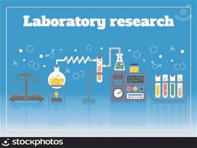 Science laboratory chemistry medical pharmacy research concept with flasks and formulas vector illustration