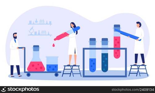 Science laboratory content. Scientist in uniform working with liquids in test tubes. Worker doing experiments and researches. Cartoon chemist dropping fluid standing on ladder vector. Science laboratory content. Scientist in uniform working with liquids in test tubes. Worker doing experiments