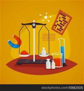 Science Laboratory Design Concept With Scales . Science laboratory equipment design concept with scales weights flask and magnet vector illustration