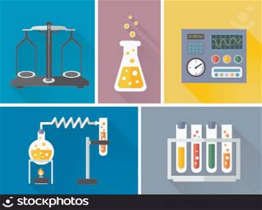 Science laboratory equipment decorative icons set with flask scales burner isolated vector illustration