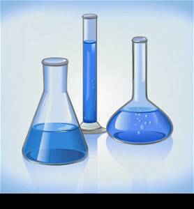 Science laboratory flasks glassware template on blue still life symbol vector illustration