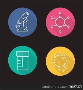 Science laboratory flat linear long shadow icons set. Microscope, molecule and virus structure, medical tests jar. Vector line symbols. Science laboratory flat linear long shadow icons set