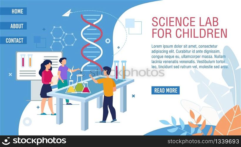 Science Laboratory for Children Education, Scientific Games Startup Web Banner, Landing Page. School Pupils Making Lab Test, Boy and Girl Experimenting with Chemicals Trendy Flat Vector Illustration