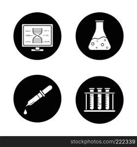 Science laboratory icons set. Dna research, beaker with liquid, medical dropper, test tubes rack. Vector white silhouettes illustrations in black circles. Science laboratory icons set