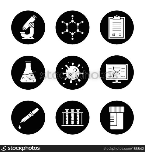 Science laboratory icons set. Microscope, molecular structure, tests checklist, beaker with liquid, virus, lab computer, pipette, test tubes and jar. Vector white illustrations in black circles. Science laboratory icons set