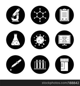 Science laboratory icons set. Microscope, molecular structure, tests checklist, beaker with liquid, virus, lab computer, pipette, test tubes and jar. Vector white illustrations in black circles. Science laboratory icons set