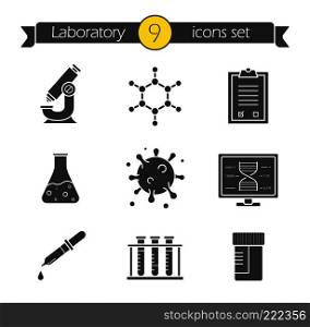 Science laboratory icons set. Silhouette symbols. Microscope, molecular structure, tests checklist, beaker with liquid, virus, lab computer, pipette, test tubes and jar. Vector isolated illustration. Science laboratory icons set