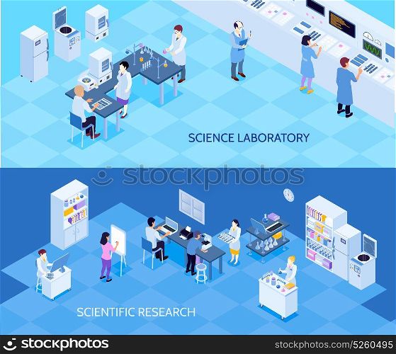 Science Laboratory Isometric Banners . Science laboratory horizontal isometric banners with people carrying technological research on blue background isolated vector illustration
