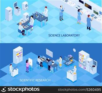 Science Laboratory Isometric Banners . Science laboratory horizontal isometric banners with people carrying technological research on blue background isolated vector illustration