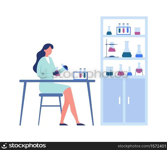 Science laboratory. Professional scientific research. Woman medical worker in uniform holding tubes and flasks and sitting at table, shelves with containers for experiments vector illustration. Science laboratory. Professional scientific research. Woman medical worker in uniform holding tubes and flasks