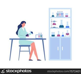 Science laboratory. Professional scientific research. Woman medical worker in uniform holding tubes and flasks and sitting at table, shelves with containers for experiments vector illustration. Science laboratory. Professional scientific research. Woman medical worker in uniform holding tubes and flasks