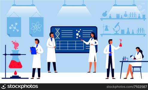 Science laboratory. Scientific lab equipments, professional scientific research and scientist workers. Medical researchers laboratory, biology scientists or doctor vector illustration. Science laboratory. Scientific lab equipments, professional scientific research and scientist workers vector illustration