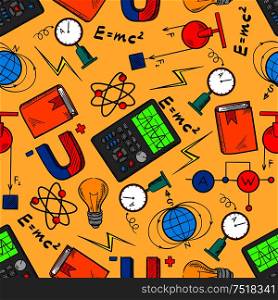 Science laboratory seamless pattern background with equipment for physics experiments, books, light bulbs, magnets and formulas, electrical circuits, models of atom and earth magnetic field. Science laboratory seamless pattern background